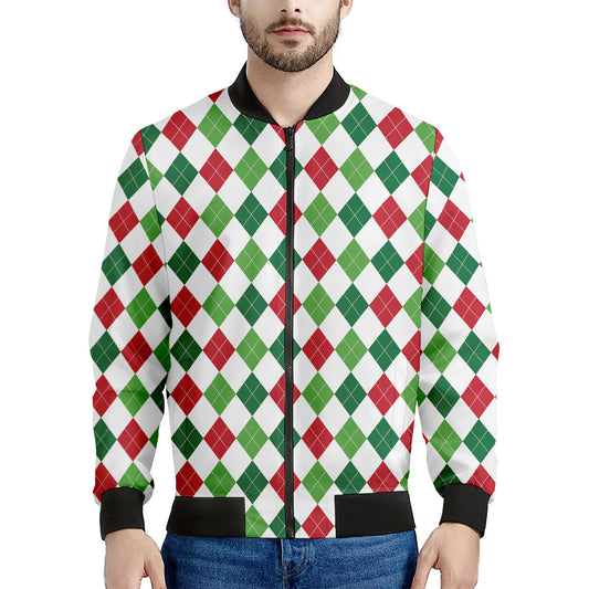 Merry Christmas Argyle Pattern Print Men's Bomber Jacket