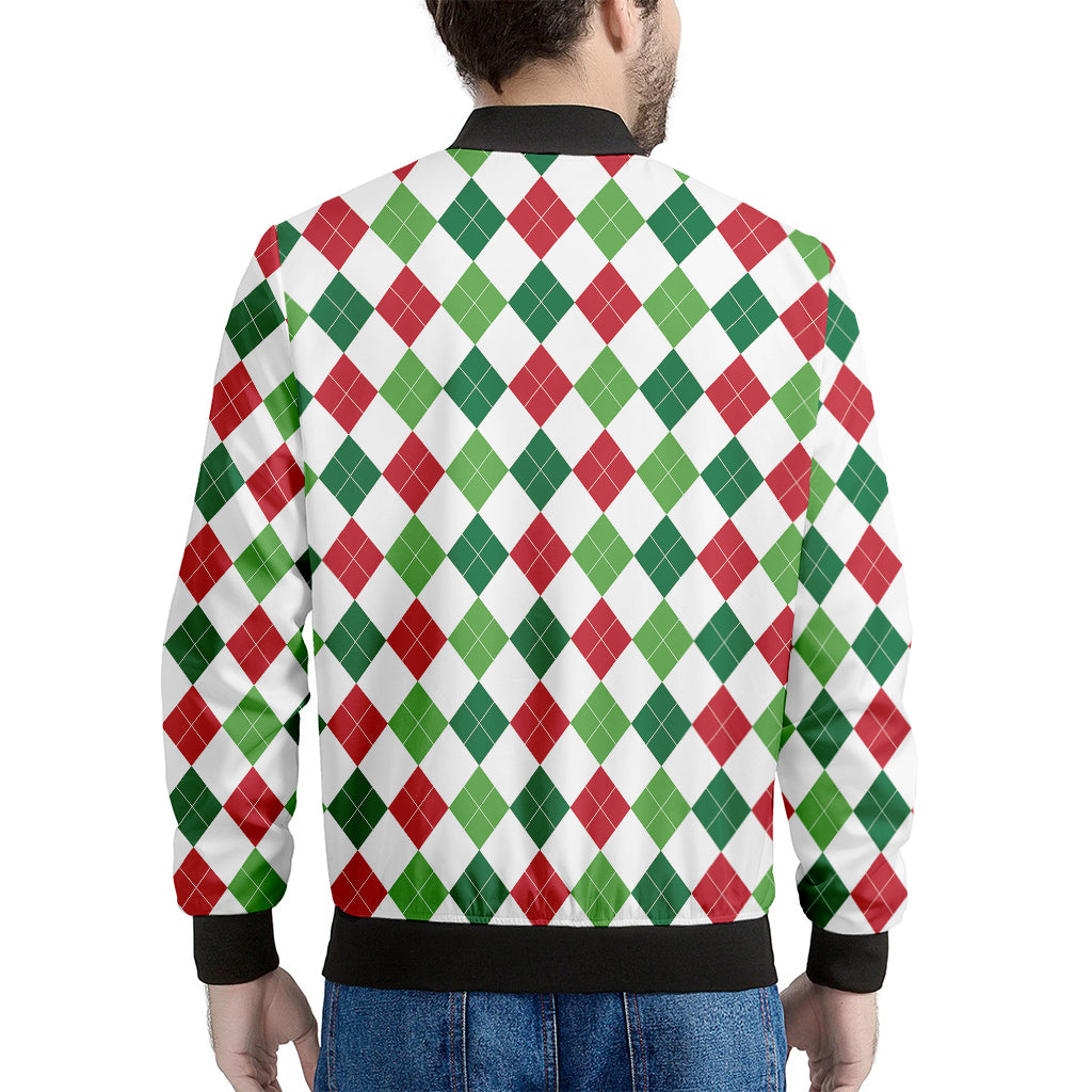 Merry Christmas Argyle Pattern Print Men's Bomber Jacket