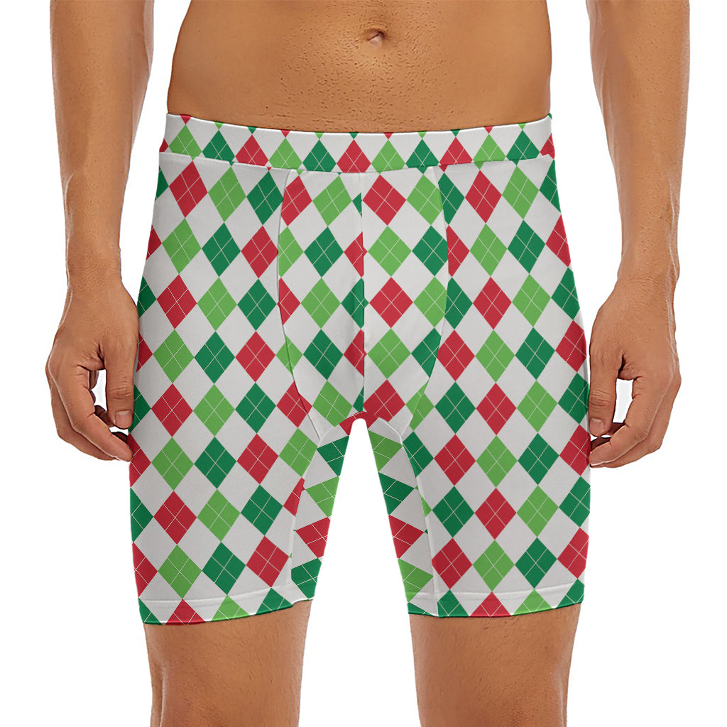 Merry Christmas Argyle Pattern Print Men's Long Boxer Briefs