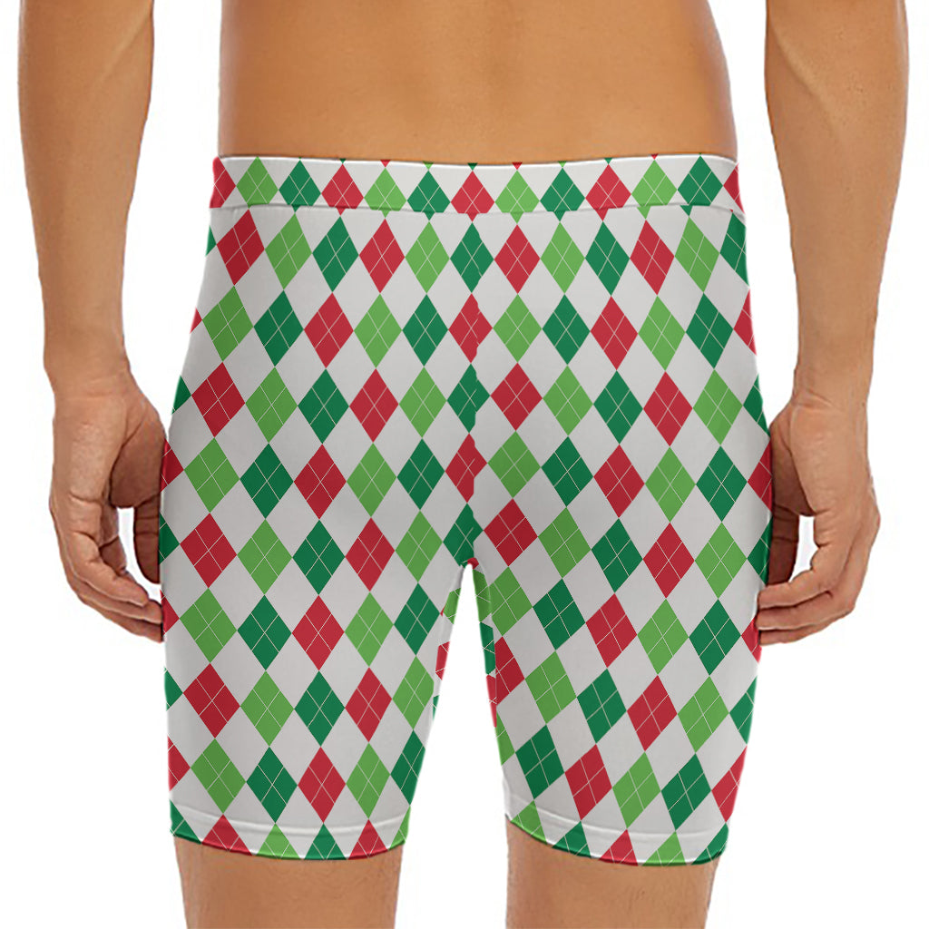 Merry Christmas Argyle Pattern Print Men's Long Boxer Briefs
