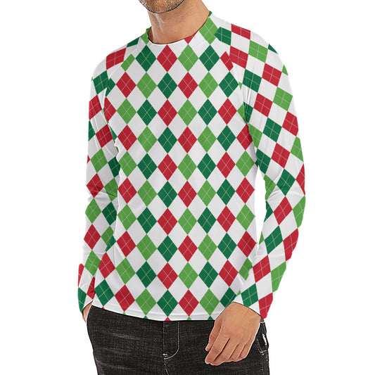 Merry Christmas Argyle Pattern Print Men's Long Sleeve Rash Guard