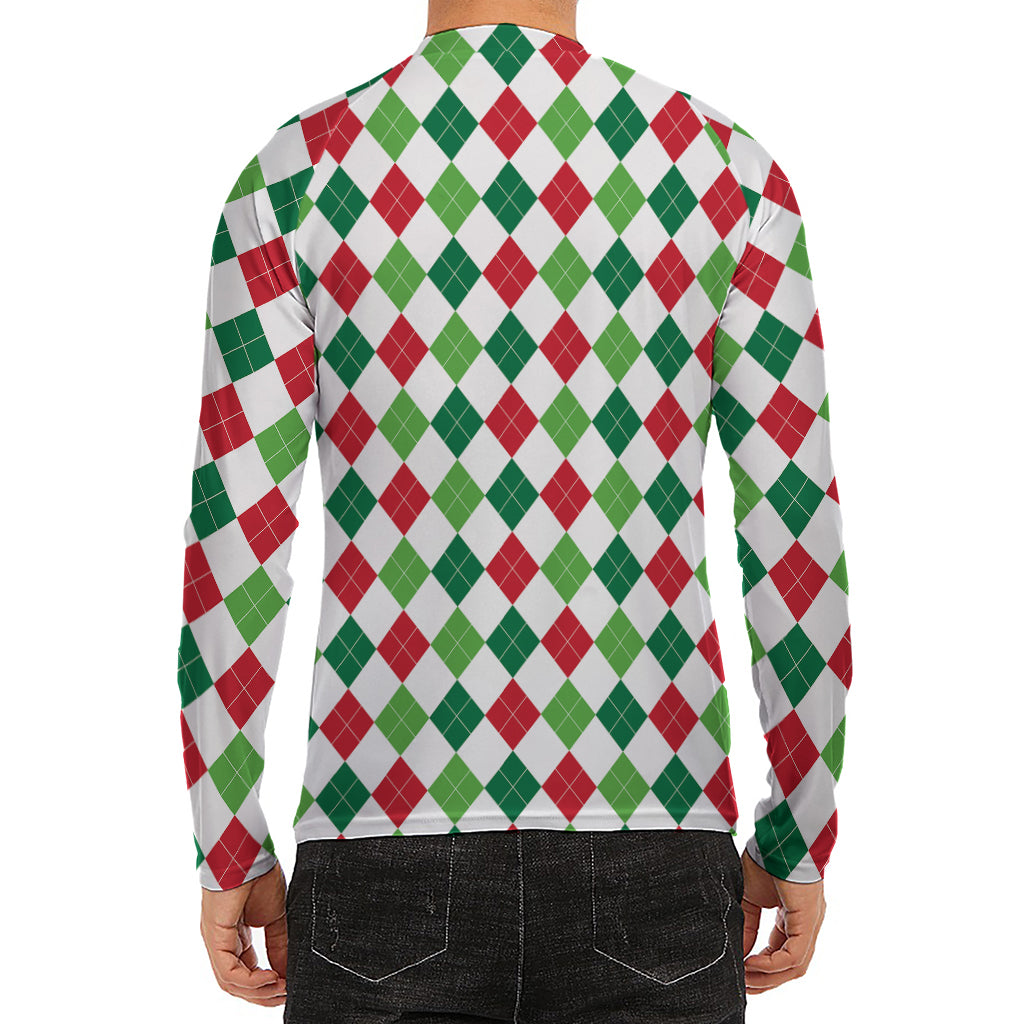 Merry Christmas Argyle Pattern Print Men's Long Sleeve Rash Guard