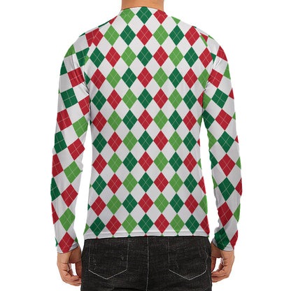 Merry Christmas Argyle Pattern Print Men's Long Sleeve Rash Guard