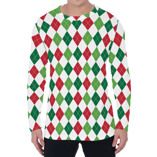 Merry Christmas Argyle Pattern Print Men's Long Sleeve T-Shirt