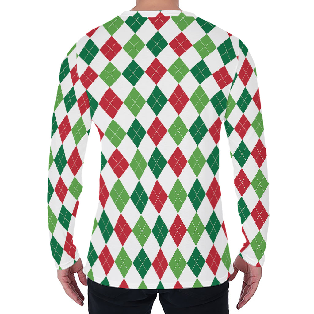 Merry Christmas Argyle Pattern Print Men's Long Sleeve T-Shirt
