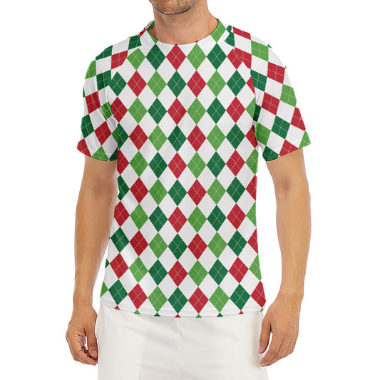 Merry Christmas Argyle Pattern Print Men's Short Sleeve Rash Guard