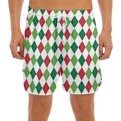 Merry Christmas Argyle Pattern Print Men's Split Running Shorts