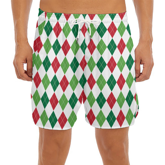 Merry Christmas Argyle Pattern Print Men's Split Running Shorts