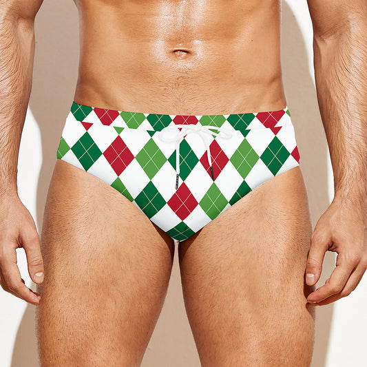 Merry Christmas Argyle Pattern Print Men's Swim Briefs