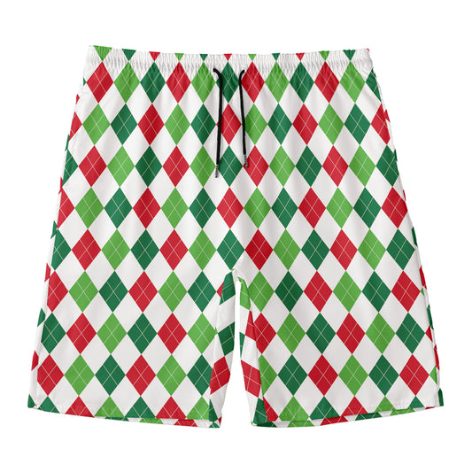 Merry Christmas Argyle Pattern Print Men's Swim Trunks