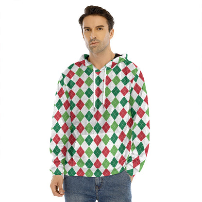 Merry Christmas Argyle Pattern Print Men's Velvet Pullover Hoodie
