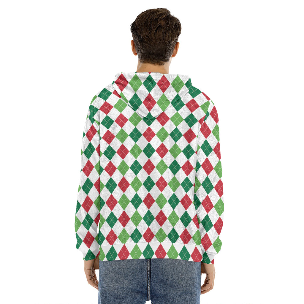 Merry Christmas Argyle Pattern Print Men's Velvet Pullover Hoodie
