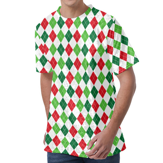 Merry Christmas Argyle Pattern Print Men's Velvet T-Shirt