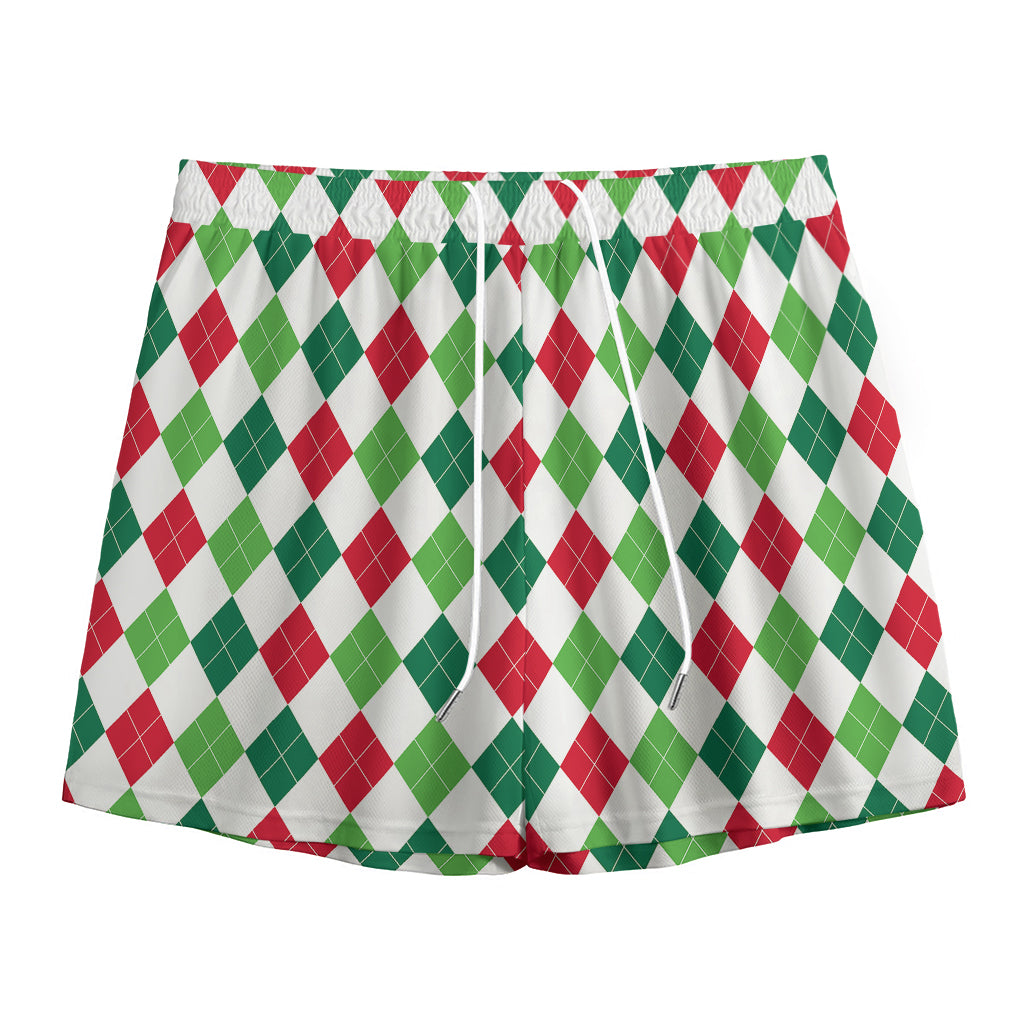Merry Christmas Argyle Pattern Print Mesh Shorts