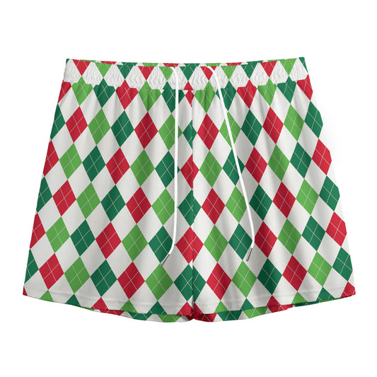 Merry Christmas Argyle Pattern Print Mesh Shorts