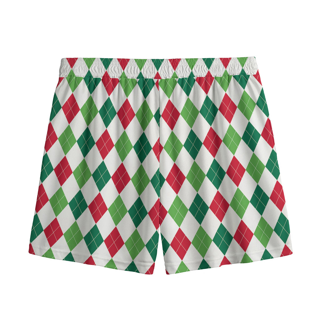 Merry Christmas Argyle Pattern Print Mesh Shorts