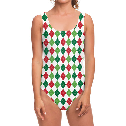 Merry Christmas Argyle Pattern Print One Piece Swimsuit