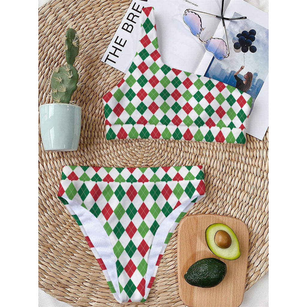 Merry Christmas Argyle Pattern Print One Shoulder Bikini Top