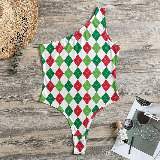 Merry Christmas Argyle Pattern Print One Shoulder Bodysuit