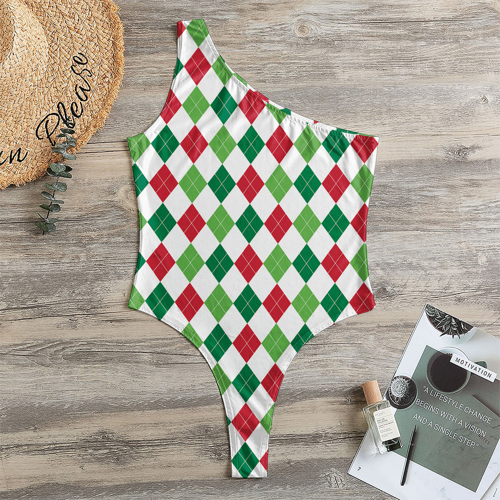 Merry Christmas Argyle Pattern Print One Shoulder Bodysuit