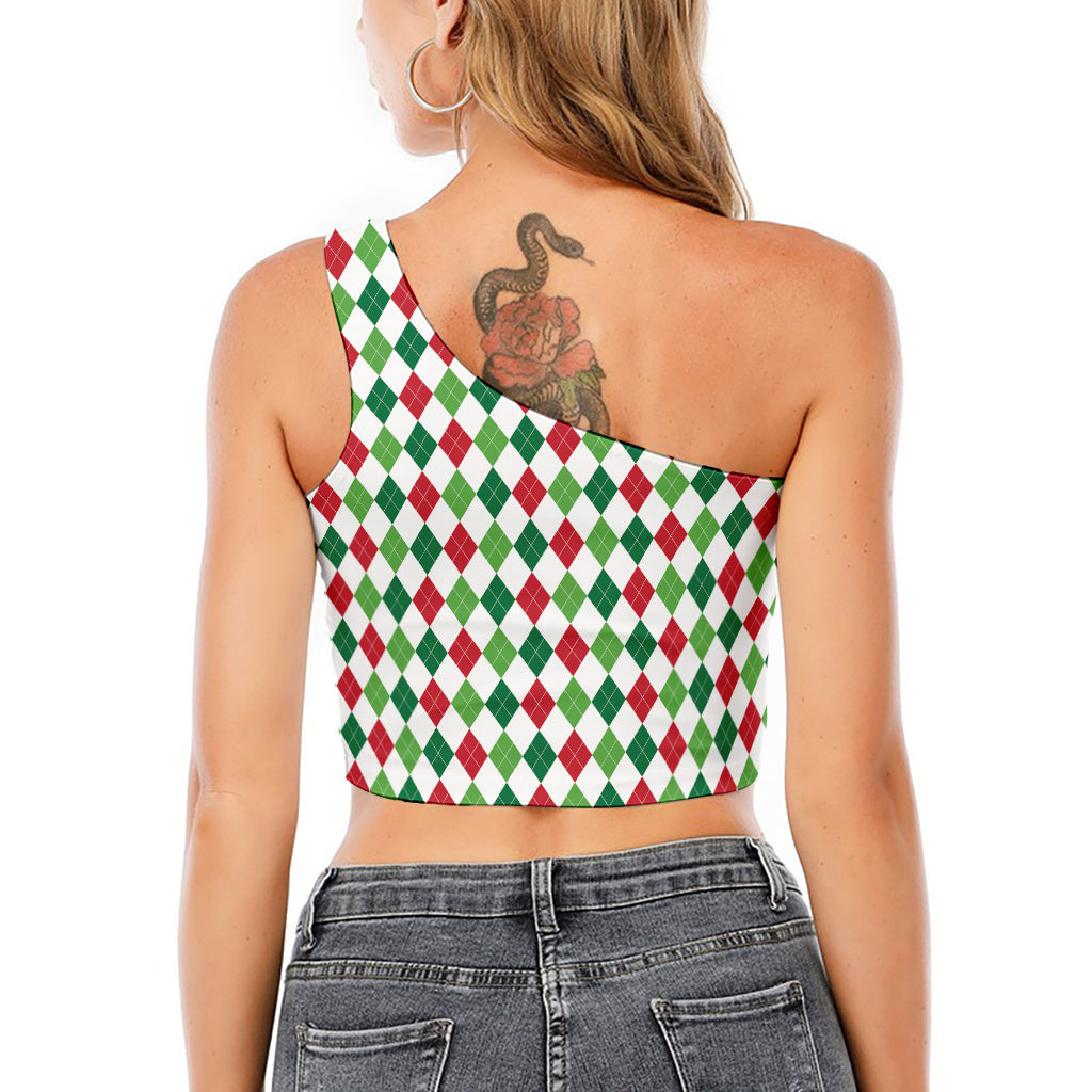 Merry Christmas Argyle Pattern Print One Shoulder Crop Top