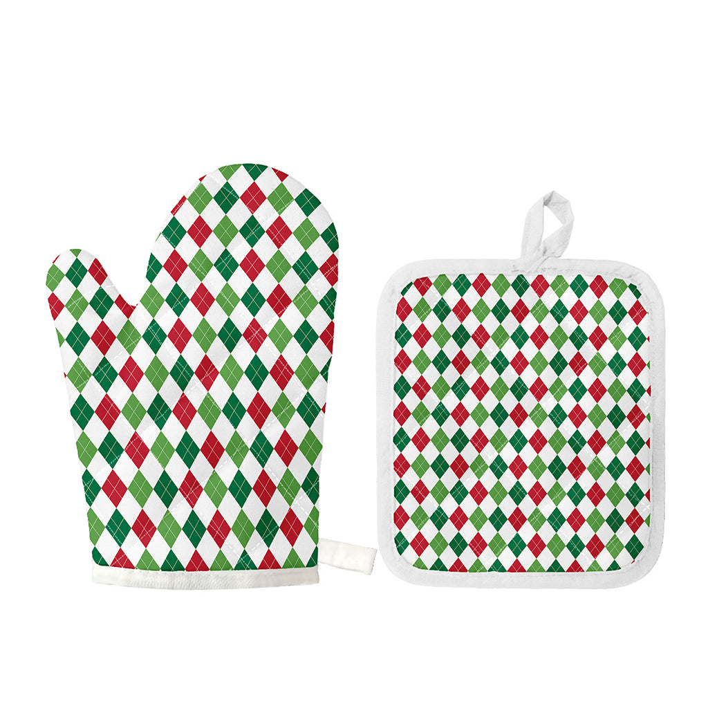 Merry Christmas Argyle Pattern Print Oven Mitt And Pot Holder Set
