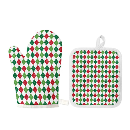 Merry Christmas Argyle Pattern Print Oven Mitt And Pot Holder Set