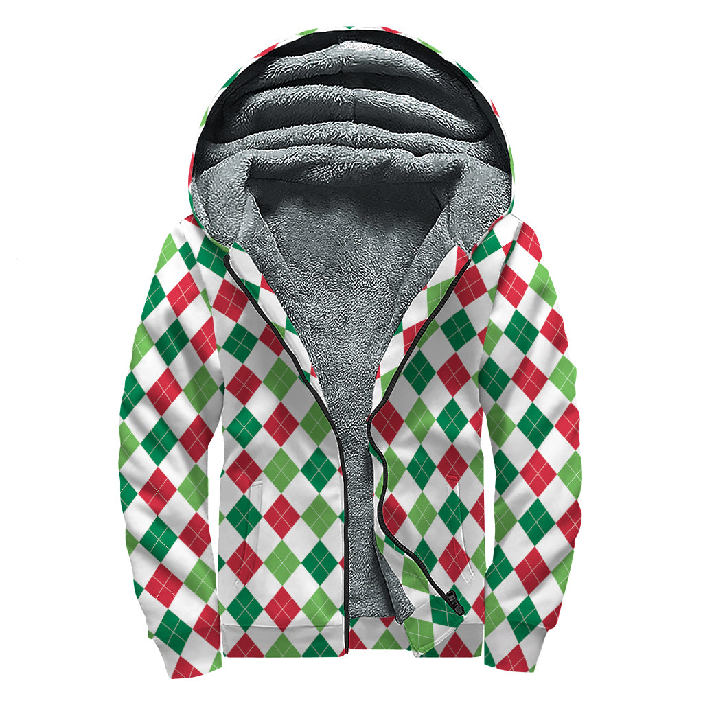 Merry Christmas Argyle Pattern Print Sherpa Lined Zip Up Hoodie