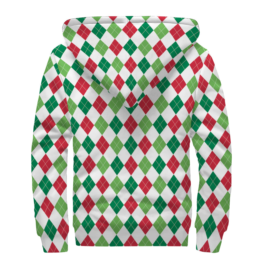 Merry Christmas Argyle Pattern Print Sherpa Lined Zip Up Hoodie