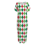 Merry Christmas Argyle Pattern Print Short Sleeve Long Nightdress