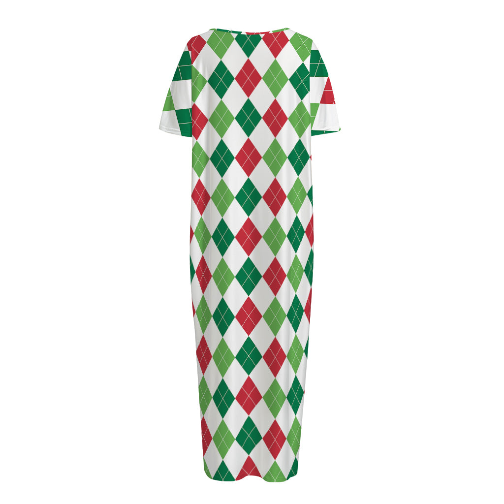 Merry Christmas Argyle Pattern Print Short Sleeve Long Nightdress