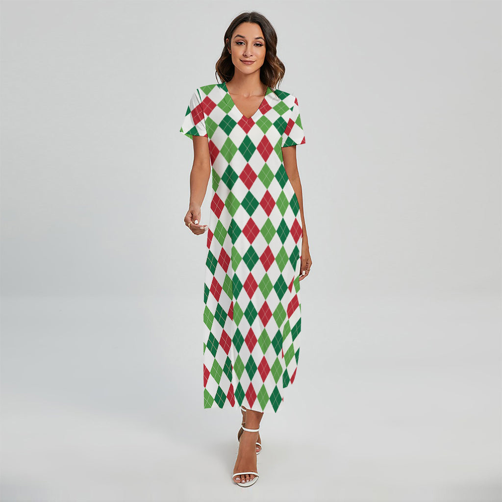 Merry Christmas Argyle Pattern Print Short Sleeve Maxi Dress