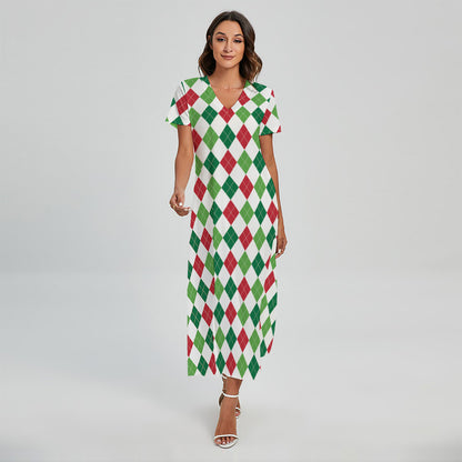 Merry Christmas Argyle Pattern Print Short Sleeve Maxi Dress