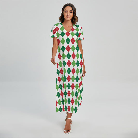 Merry Christmas Argyle Pattern Print Short Sleeve Maxi Dress