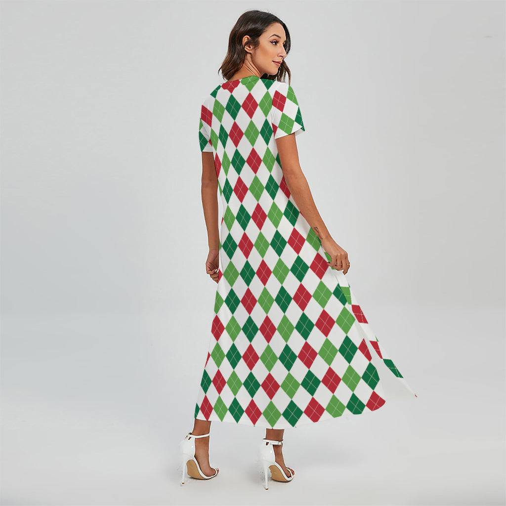 Merry Christmas Argyle Pattern Print Short Sleeve Maxi Dress
