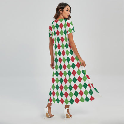 Merry Christmas Argyle Pattern Print Short Sleeve Maxi Dress