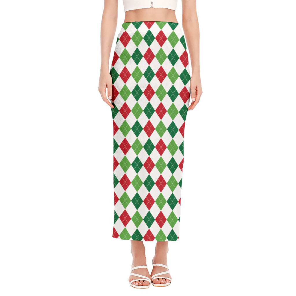 Merry Christmas Argyle Pattern Print Side Slit Maxi Skirt