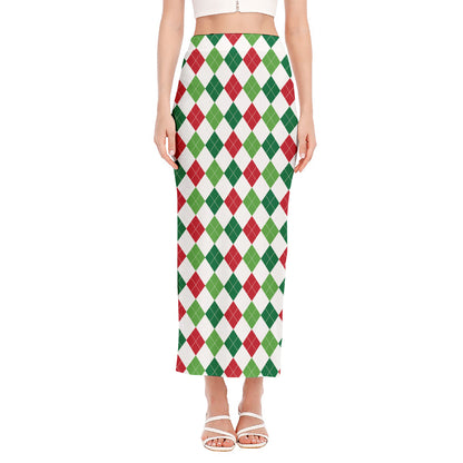 Merry Christmas Argyle Pattern Print Side Slit Maxi Skirt