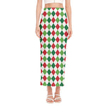 Merry Christmas Argyle Pattern Print Side Slit Maxi Skirt