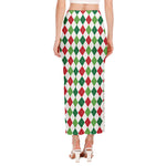 Merry Christmas Argyle Pattern Print Side Slit Maxi Skirt