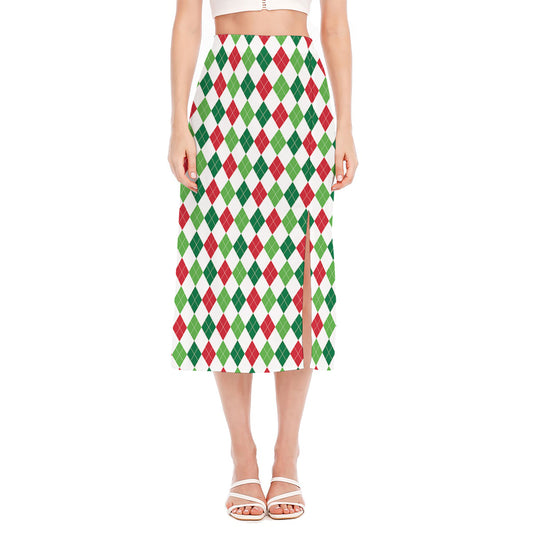 Merry Christmas Argyle Pattern Print Side Slit Midi Skirt