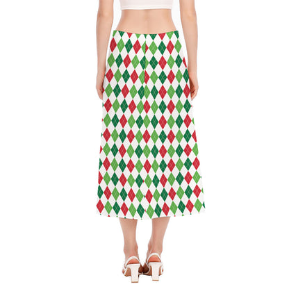 Merry Christmas Argyle Pattern Print Side Slit Midi Skirt