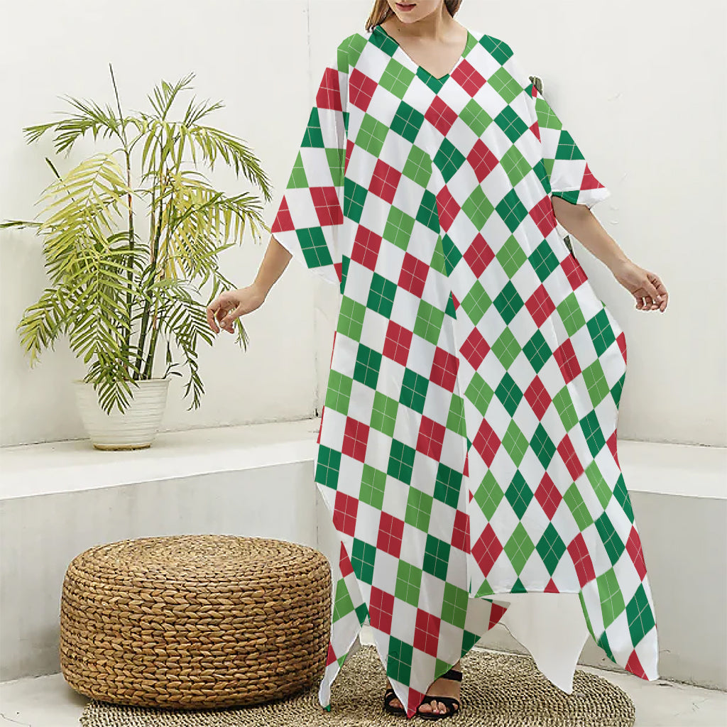 Merry Christmas Argyle Pattern Print Silk V-Neck Kaftan Dress