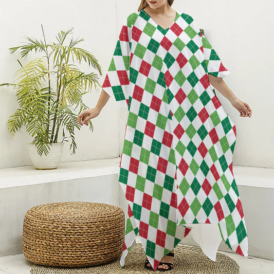Merry Christmas Argyle Pattern Print Silk V-Neck Kaftan Dress