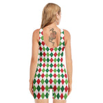 Merry Christmas Argyle Pattern Print Sleeveless One Piece Swimsuit