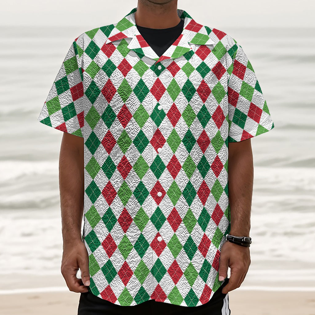 Merry Christmas Argyle Pattern Print Textured Short Sleeve Shirt