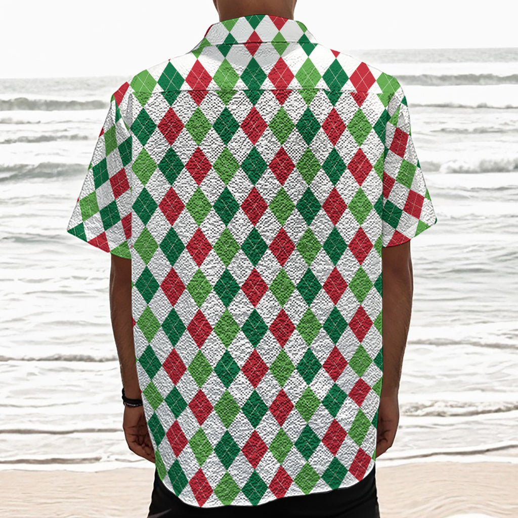 Merry Christmas Argyle Pattern Print Textured Short Sleeve Shirt
