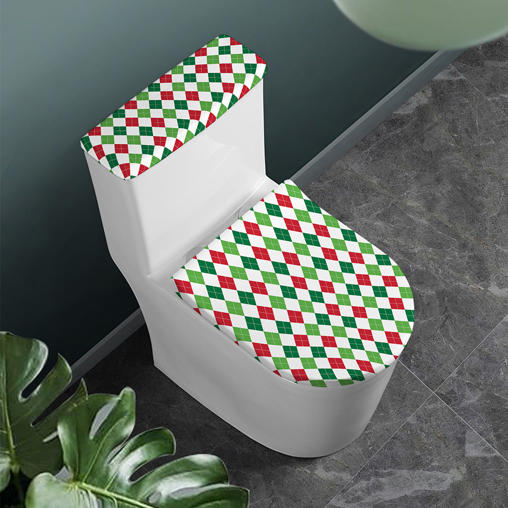 Merry Christmas Argyle Pattern Print Toilet Lid And Tank Cover Set