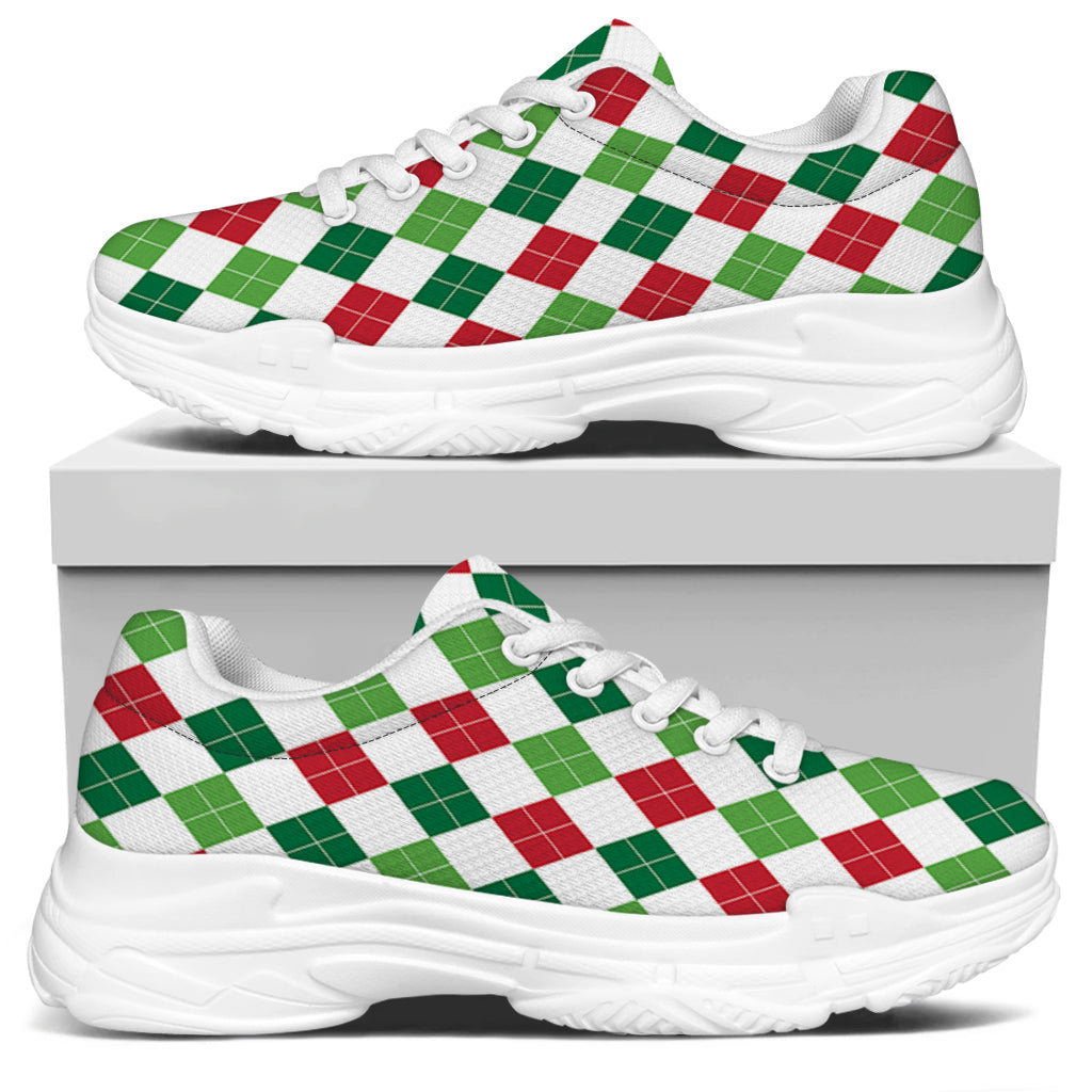 Merry Christmas Argyle Pattern Print White Chunky Shoes