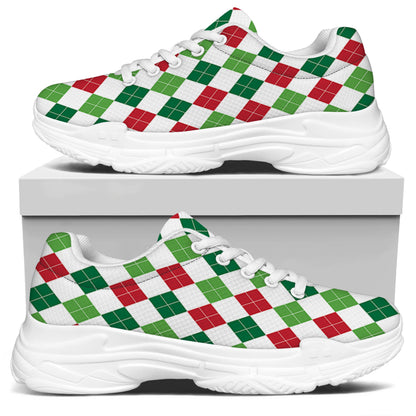 Merry Christmas Argyle Pattern Print White Chunky Shoes